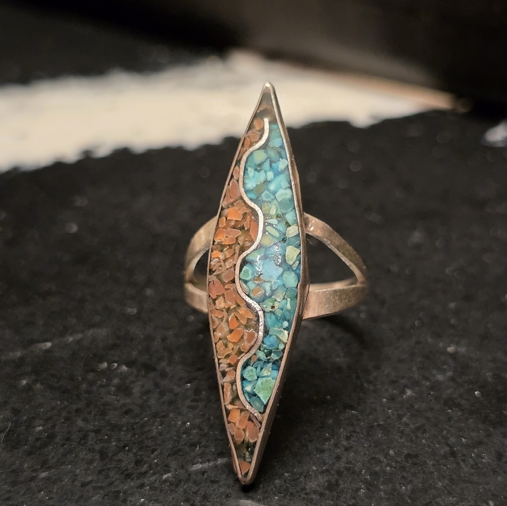 Vintage Turquoise and Coral Mosaic Chip Inlay Ring